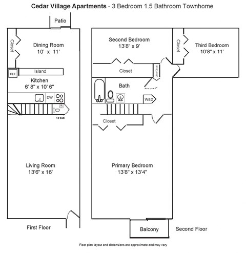 Floor plan for 3 beds, 1.5 baths